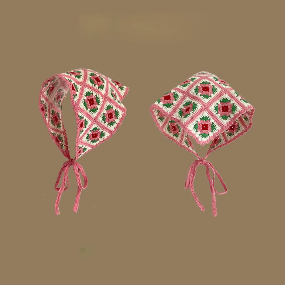 Rétro tricoté Triangle bandeau Crochet français Style pastorale fille fleur foulard à la main creux plage vacances