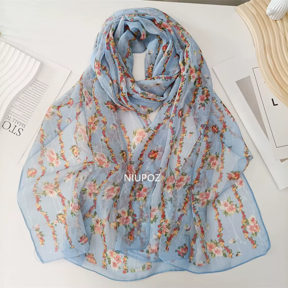 Rouge petite fleur femmes élégant en mousseline de soie Georgette Bandana écharpe été plage crème solaire mince Hijab