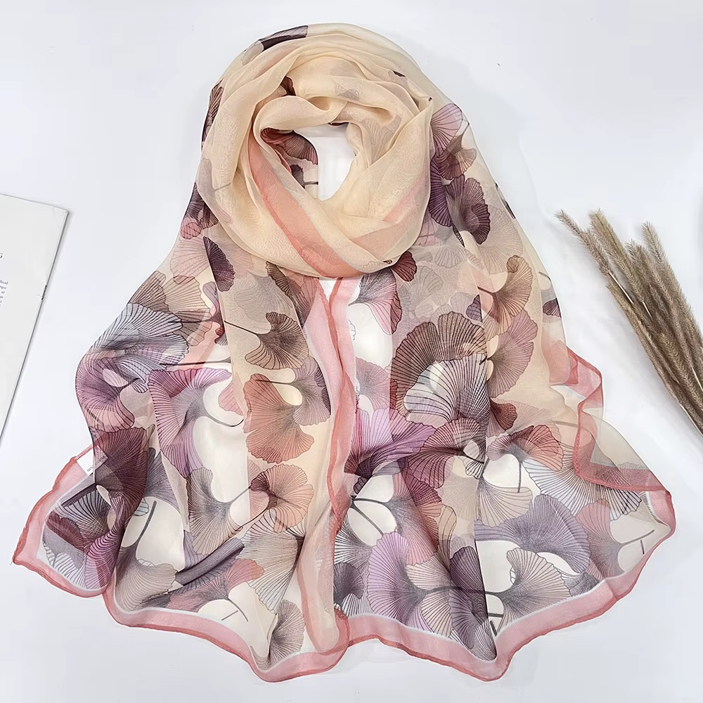 Ginkgo arbre écharpe vert jolies femmes élégant en mousseline de soie Georgette Bandana