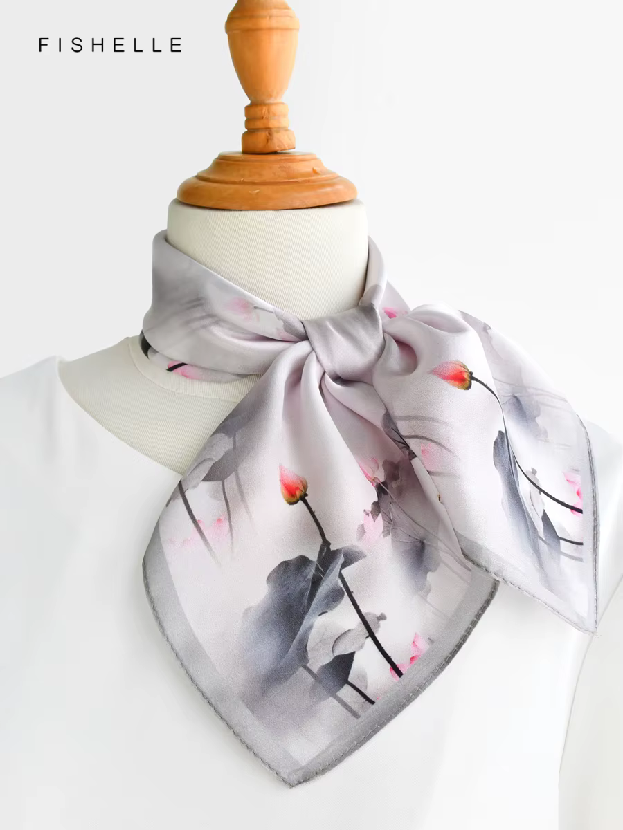 Foulard 100% soie feuille de lotus gris pour femme