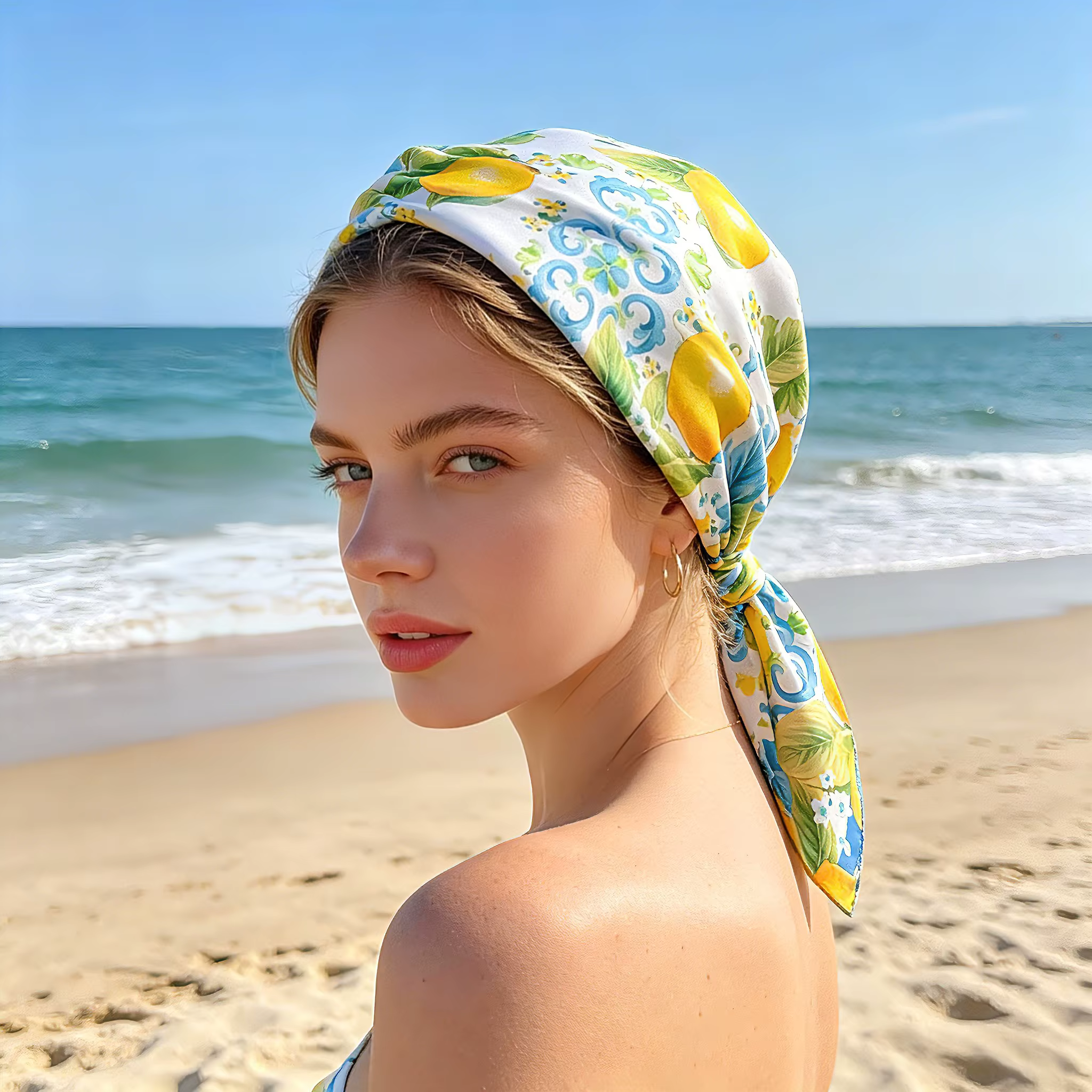 Nouveau Foulard Carré Imprimé Citron 2026 en Satin Doux Imitation Soie pour Femme – Bandana