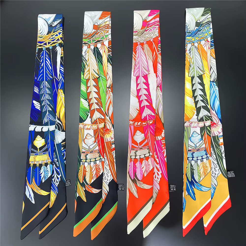 Marque indienne plume sac écharpe 2024 nouveau Design femmes luxe 100% foulard en soie mode bandeau maigre cheveux