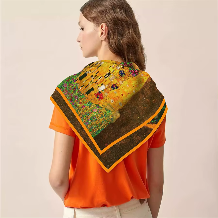 Foulard en soie femmes Klimt baiser imprimer foulards carrés tête Echarpes Foulards en soie Femme enveloppes châles de plage Bandana dame Hijabs 90CM