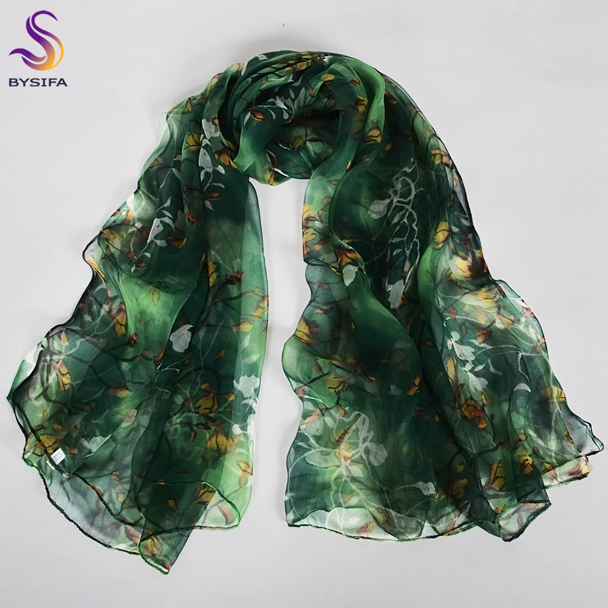 [BYSIFA] vert Jade véritable soie longue écharpe pour les femmes élégant Magnolia Design marque 100%