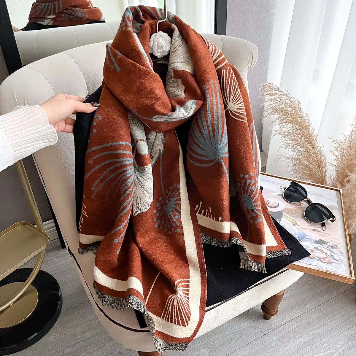 Nouvelle marque de mode pour femmes Foulard feuille de Ginkgo de luxe automne hiver châles chauds imprimé écharpe