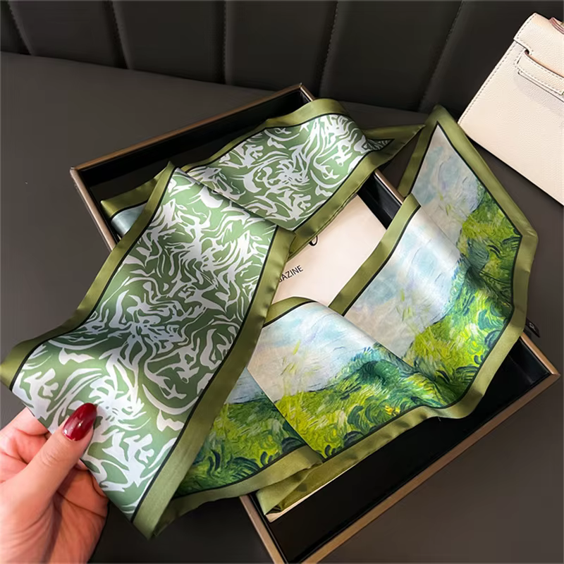 Vert femme maigre foulard en soie 147x14cm longue bande de cheveux ruban