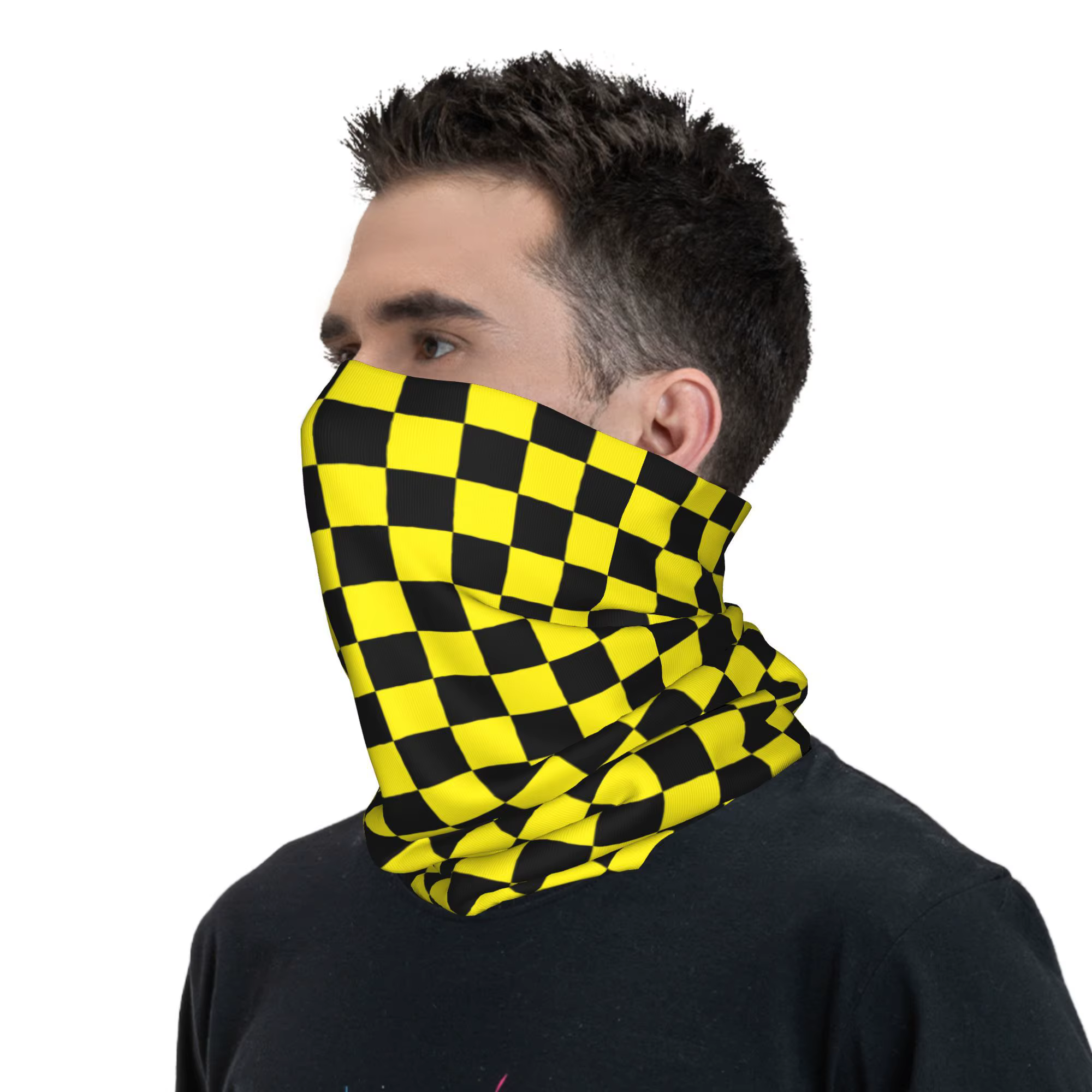Cache-cou Bandana à carreaux noir jaune personnalisé