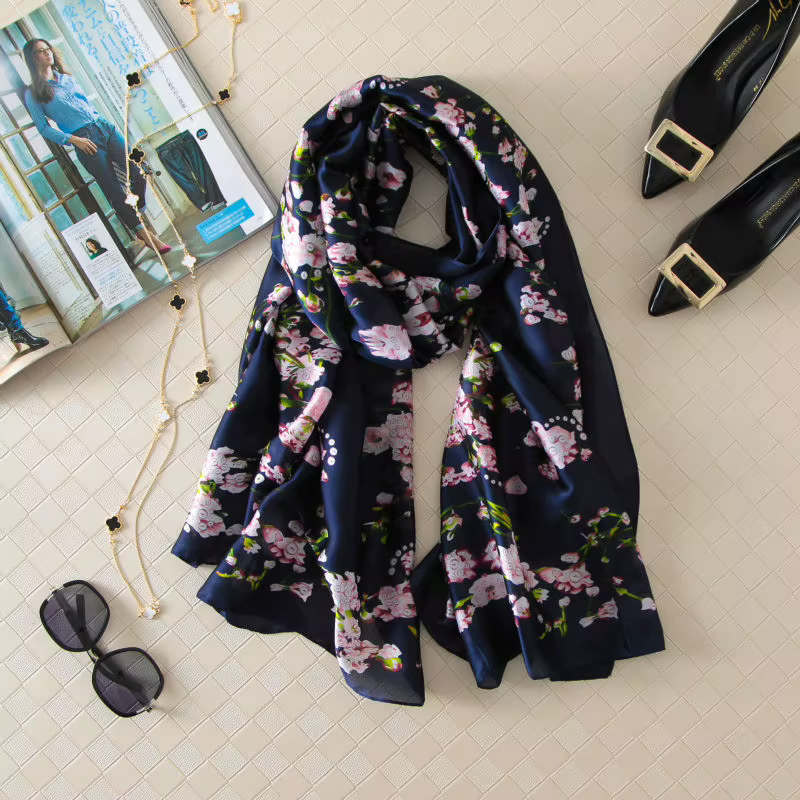 100% Foulard en soie naturelle femmes marque de luxe impression numérique fleurs