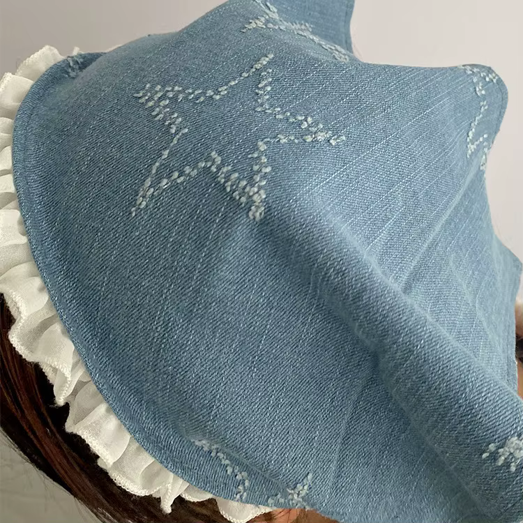 Foulard femme étoiles Denim bleu Turban dentelle écharpe nœud sangle Triangle bandeau Y2K Niche chapeau Vintage