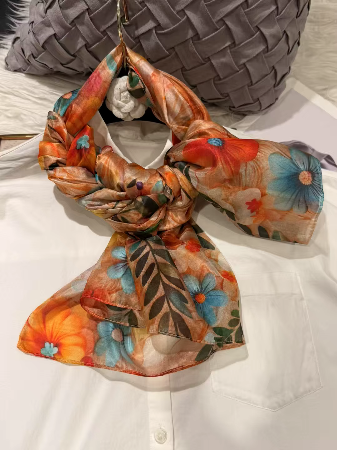 Orange bleu femmes 100% foulard en soie de mûrier élégant Floral longue Pure écharpe