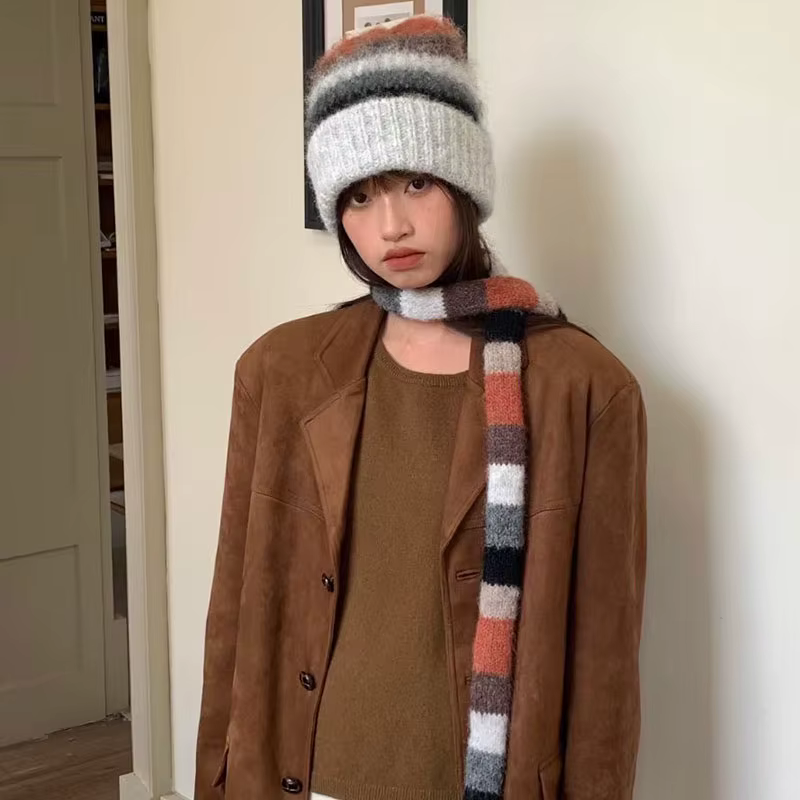 Ensemble de bonnets et écharpe arc-en-ciel rayés pour femmes et hommes