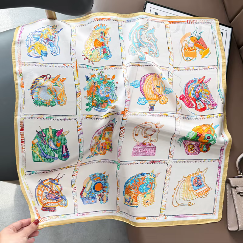 Foulard carré 100% Soie de Mûrier à Imprimé Cheval