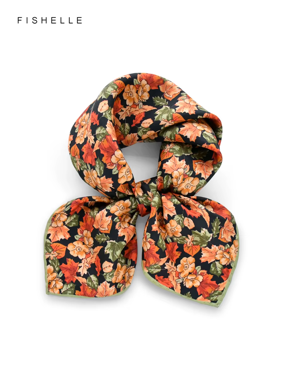 Foulard 100% soie feuilles de fleurs Orange