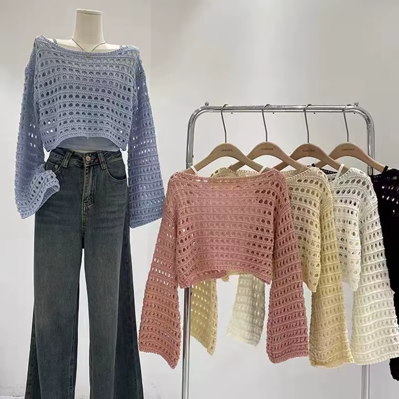 Haut en tricot au Crochet à manches longues pour femmes