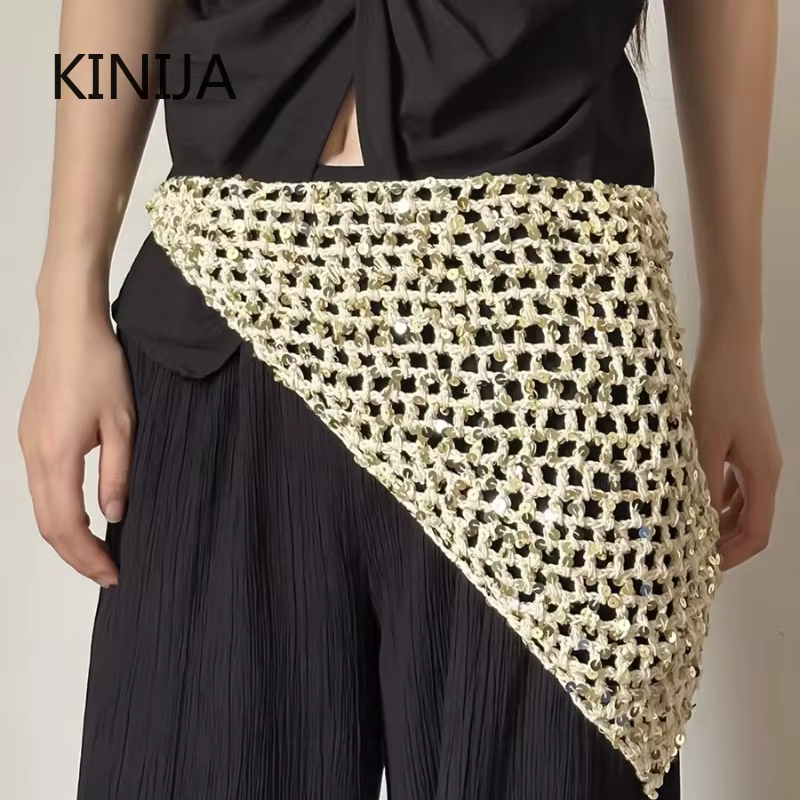 Écharpe triangulaire en tricot ajouré à paillettes style Ins pour femme