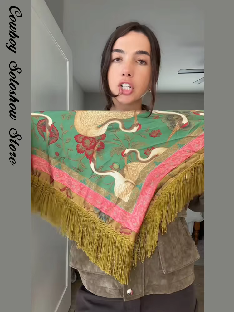 Écharpe carrée vintage imprimée à franges et patchwork pour femme