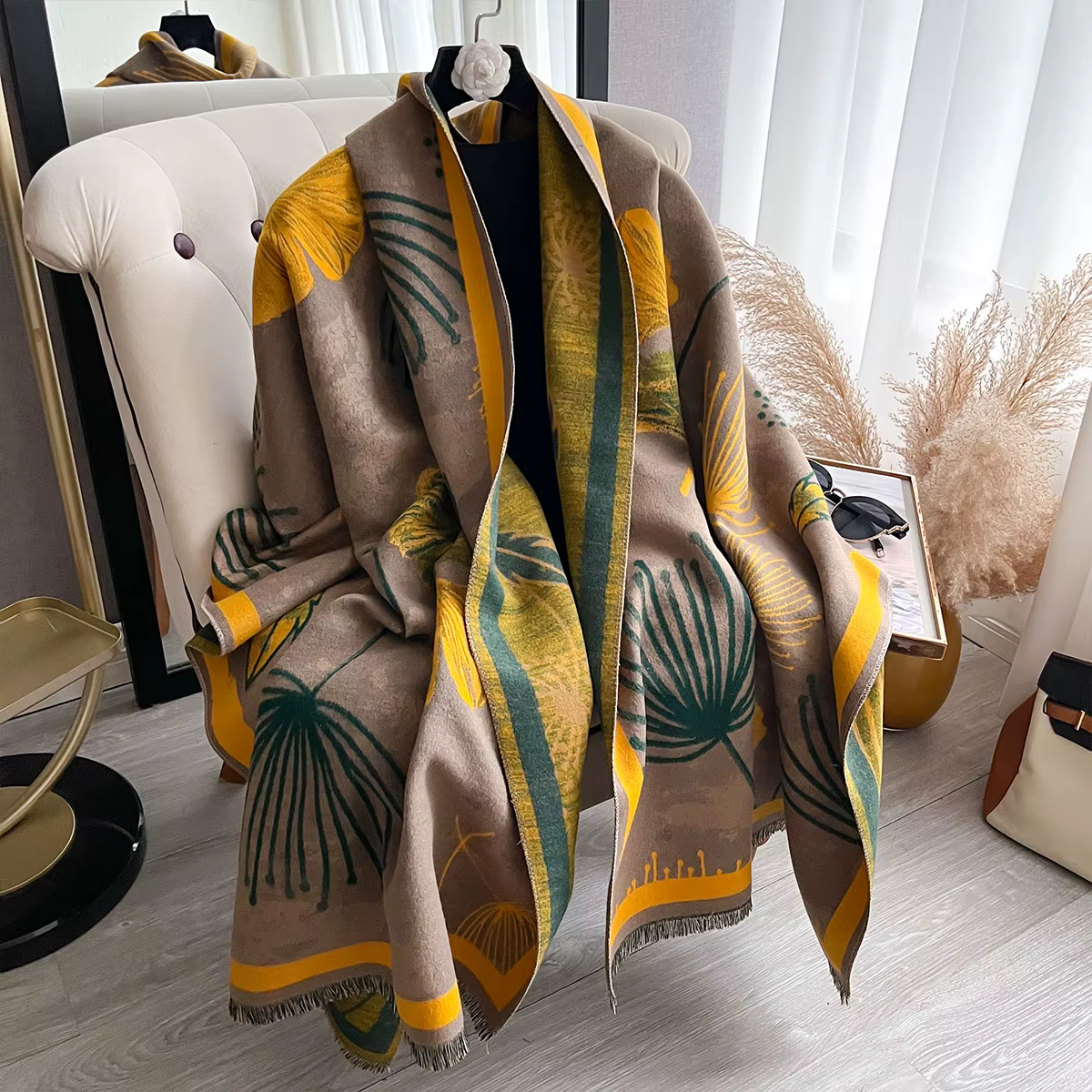 Nouvelle marque de mode pour femmes Foulard feuille de Ginkgo de luxe automne hiver châles chauds imprimé écharpe