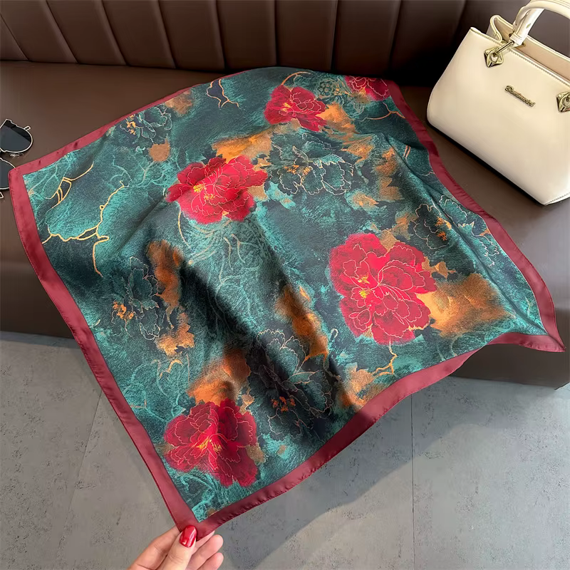 Foulard carré en Satin imprimé Floral Vintage pour femmes