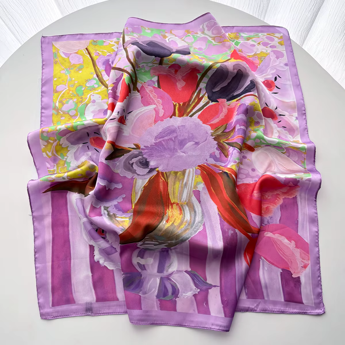 Foulard imprimé floral en soie imitation pour femme