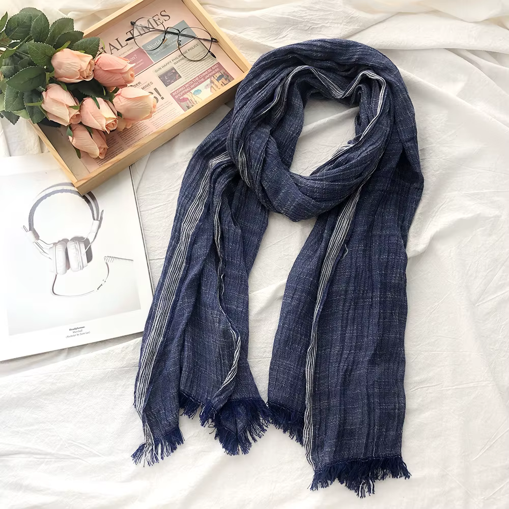 Coton lin hommes écharpe automne hiver noir marine rayé gland foulards