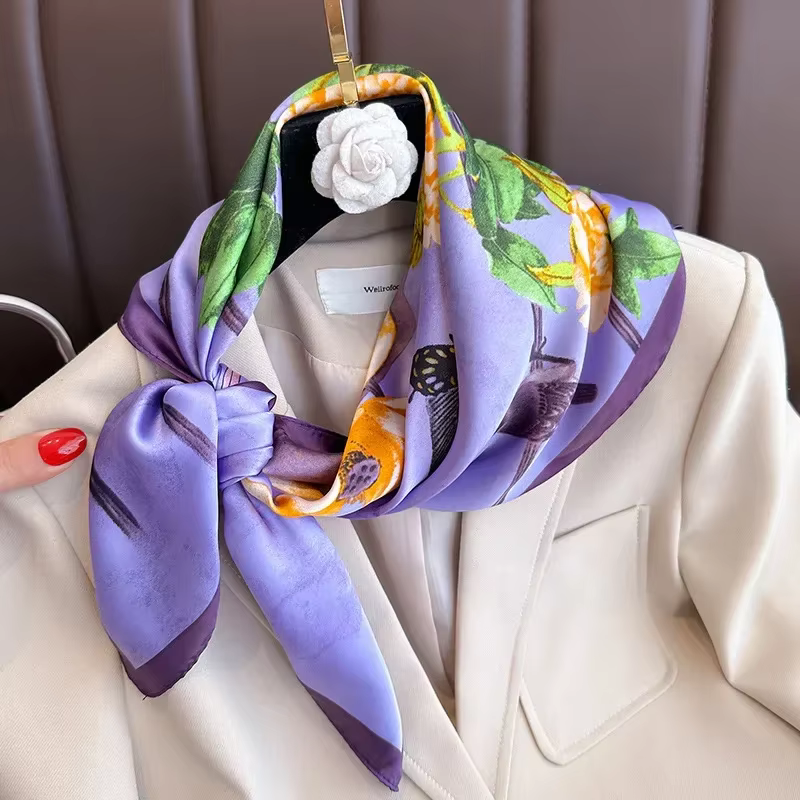 Nouveau violet luxe imprimé fleuri soie carré Foulard femmes doux Satin bandeau mains sac rubans