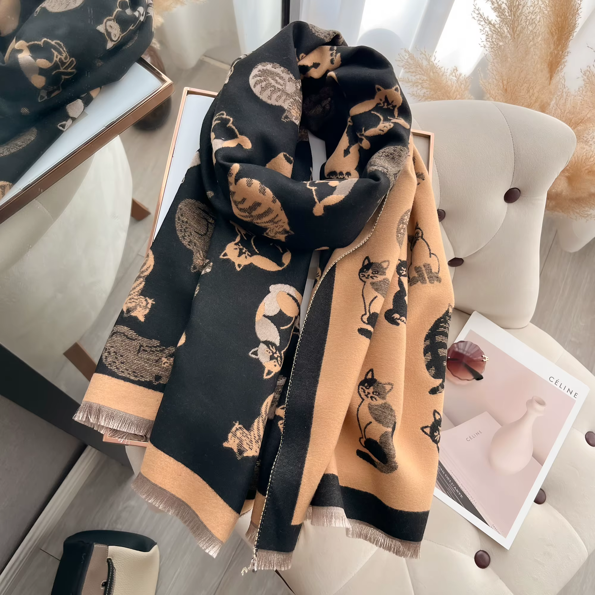 Femmes dernière Animal Jacquard chat écharpe Imitation cachemire doux chaud frange châle automne hiver résistant au froid coupe-vent couverture 2025