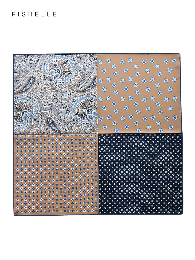 Petit Foulard Carré en Soie Naturelle Patchwork de Couleur Camel