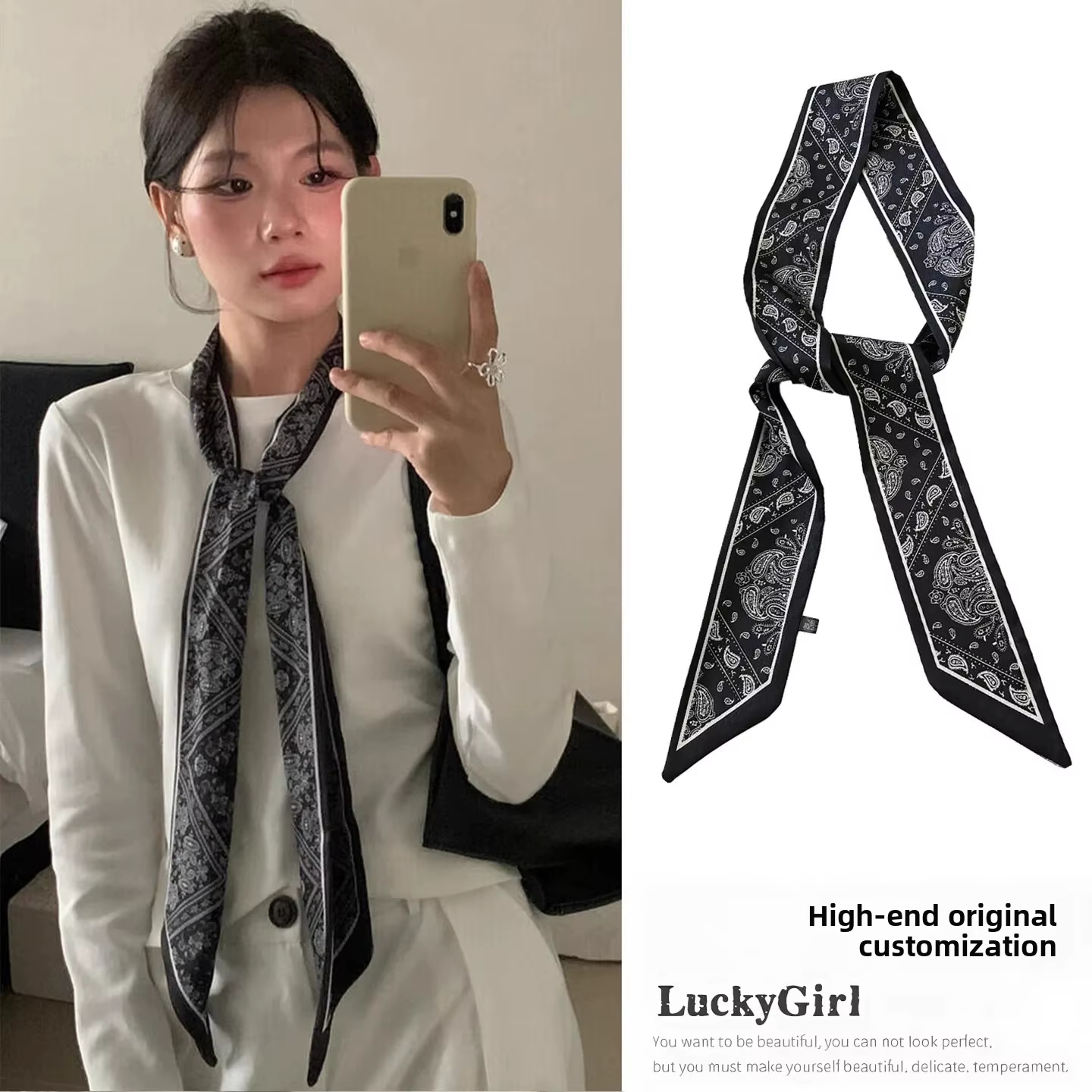 Nouveau style : Foulard en soie noir longue cravate pour femme