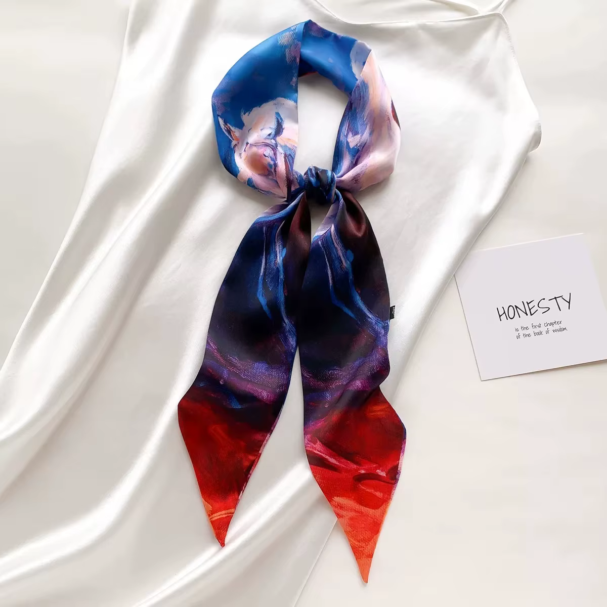 Foulard long en soie imprimé peinture à l'huile paysagère pour femme