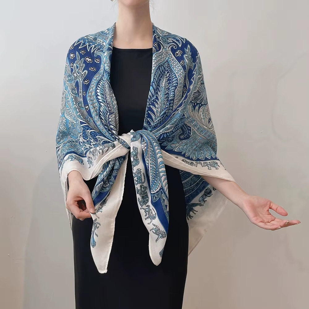 130cm bleu carré écharpe femmes grands châles Vintage carré Bandana luxe foulard femme Foulards