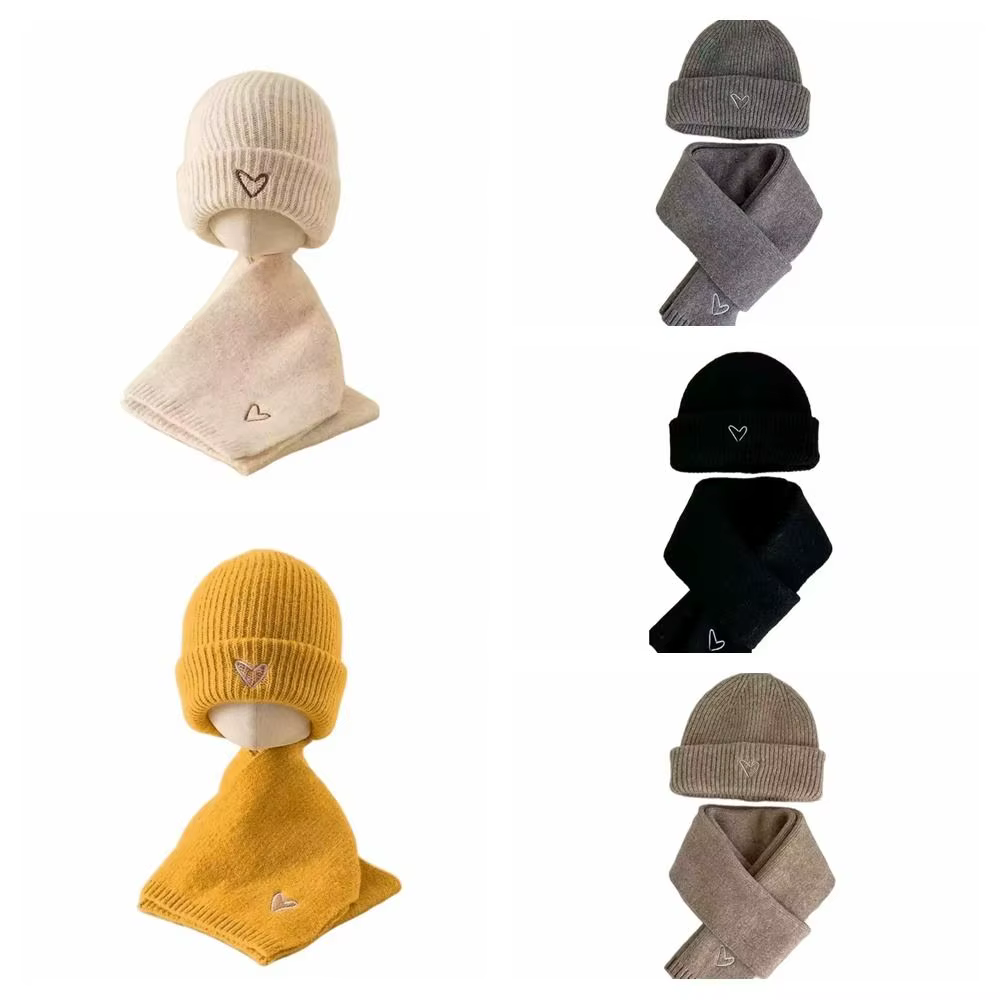 Ensemble écharpe chapeau tricoté brodé de cœur d'amour, couleur unie, bonnet chaud épais au Crochet, ensemble chauffe-cou chaud coupe-vent