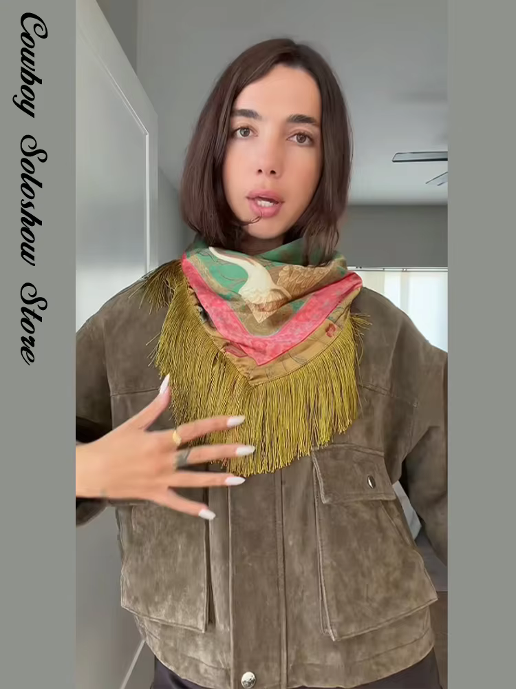 Écharpe carrée vintage imprimée à franges et patchwork pour femme