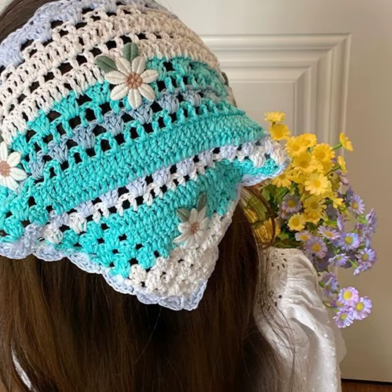 Women's Headscarf Dopamine French Mint Mambo Style Knitted Flower Triangular