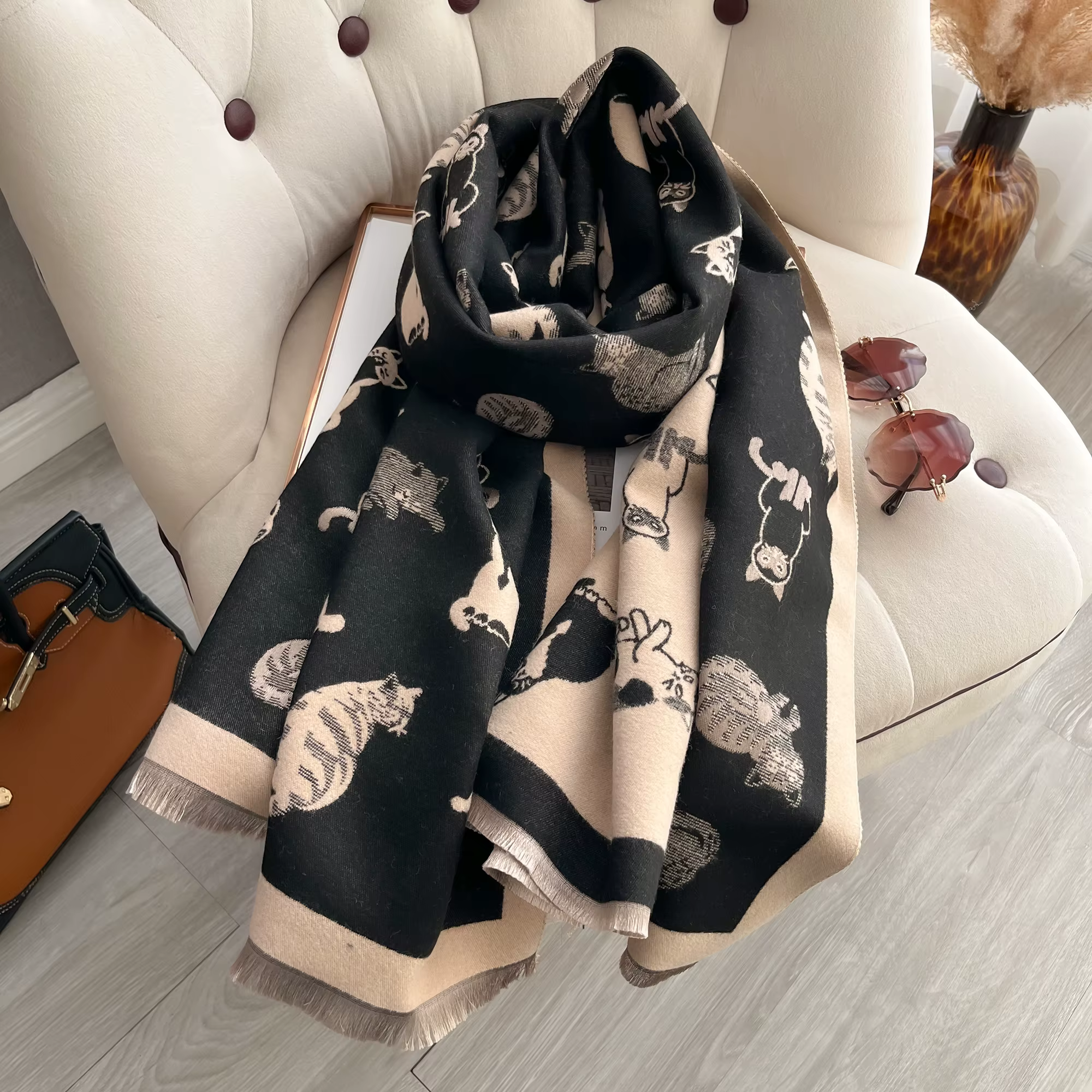 Femmes dernière Animal Jacquard chat écharpe Imitation cachemire doux chaud frange châle automne hiver résistant au froid coupe-vent couverture 2025