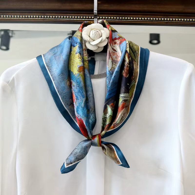 Vangogh peinture à l'huile Gladiolus imprimé écharpe femme luxe vraie soie Bandana Foulard carré