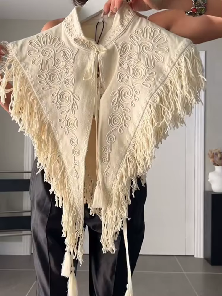 Écharpe Cape Vintage Femme Broderie Florale Franges Col Montant Nœud à Nouer Sans Manches Dos Creux Bordure à Pompons Style Bohème