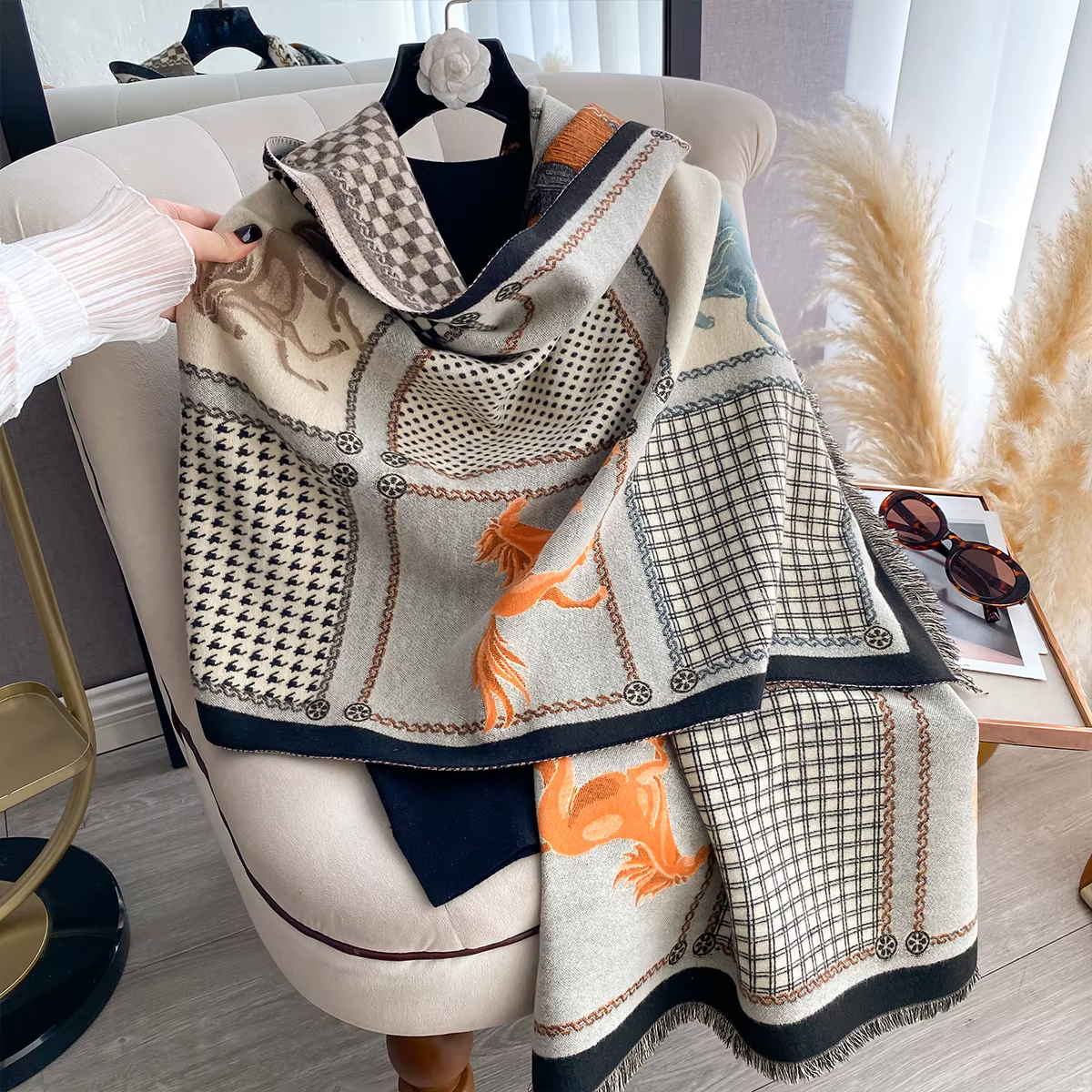 Nouvelle marque de luxe écharpe Jacquard double face cachemire doux chaud frange Pashmina le cheval châle hiver couverture coupe-vent résistante au froid