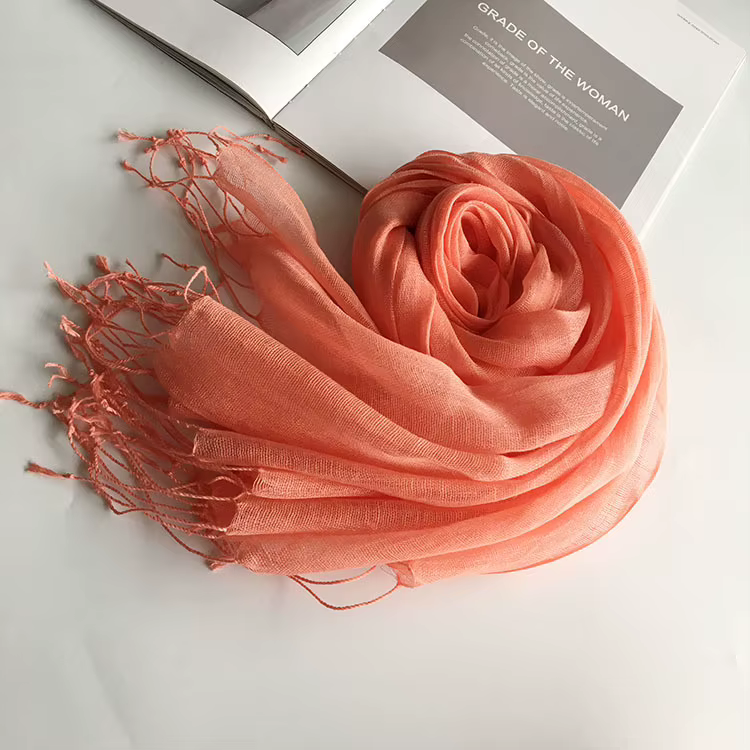 Écharpe longue en lin pur orange brûlé pour femme 2026 avec pompons