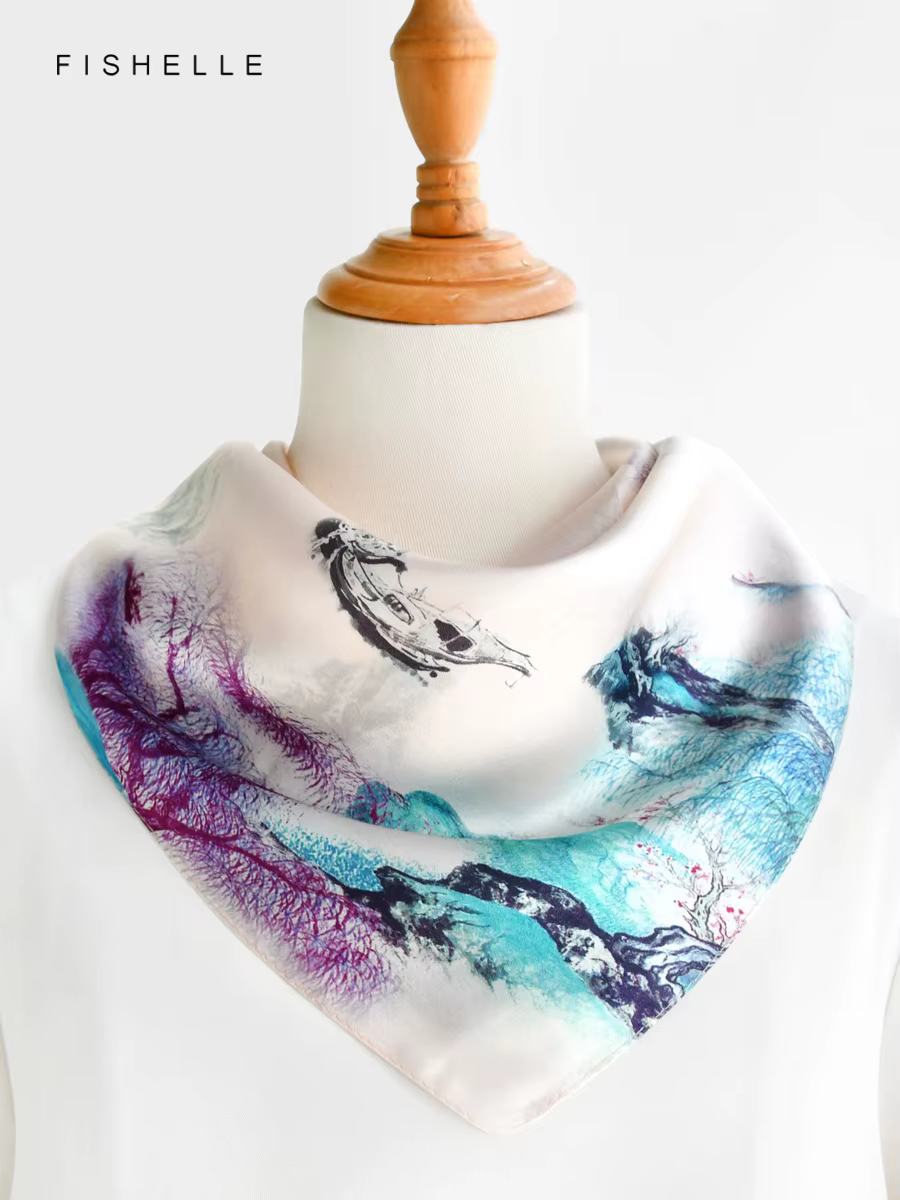 Peinture à l'encre colorée 100% foulards en soie véritable petite écharpe carrée hijab châle cadeau de luxe 50 cm
