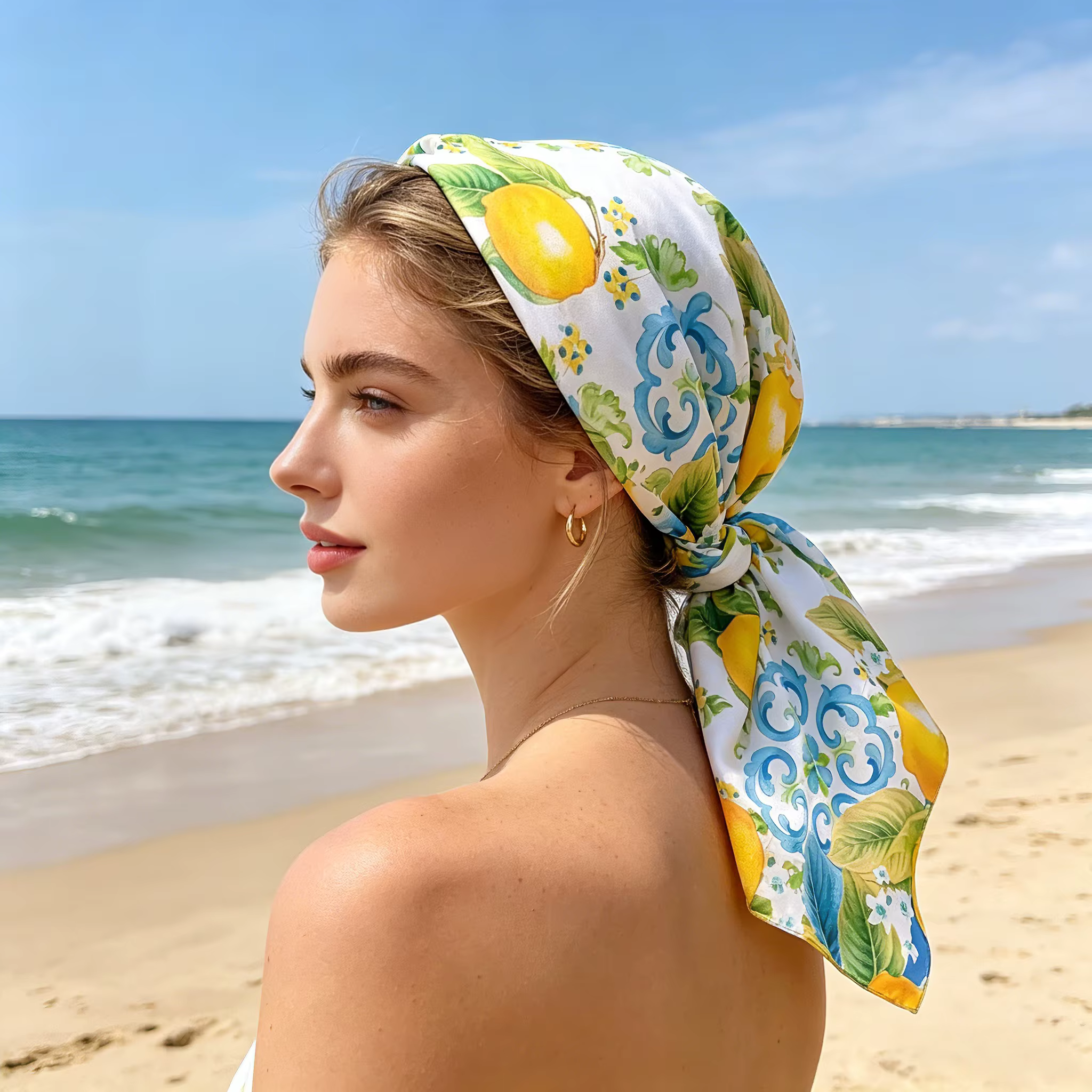 Nouveau Foulard Carré Imprimé Citron 2026 en Satin Doux Imitation Soie pour Femme – Bandana