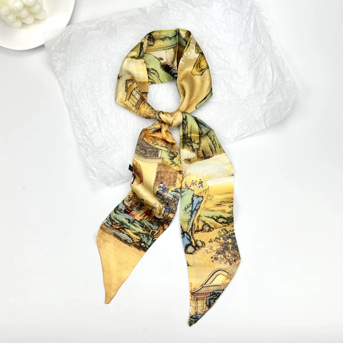 Foulard long en soie imprimé peinture à l'huile paysagère pour femme