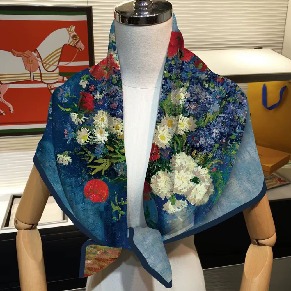 Foulard en soie femmes peinture à l'huile foulards carrés enveloppes tête Echarpes