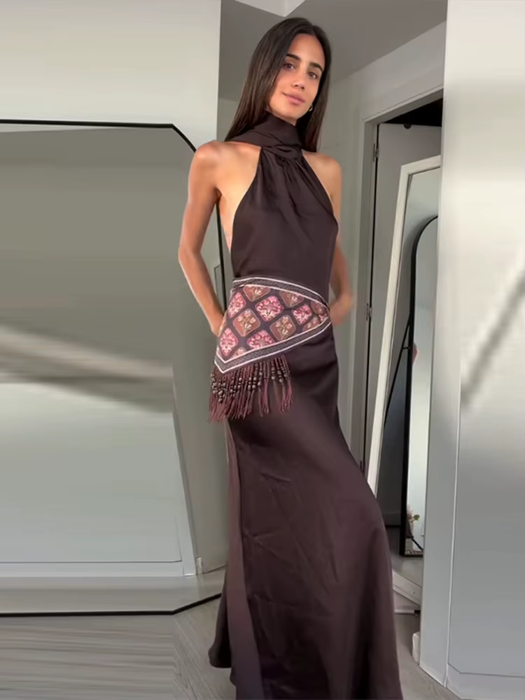 Foulard triangulaire imprimé à pampilles et perles pour femme