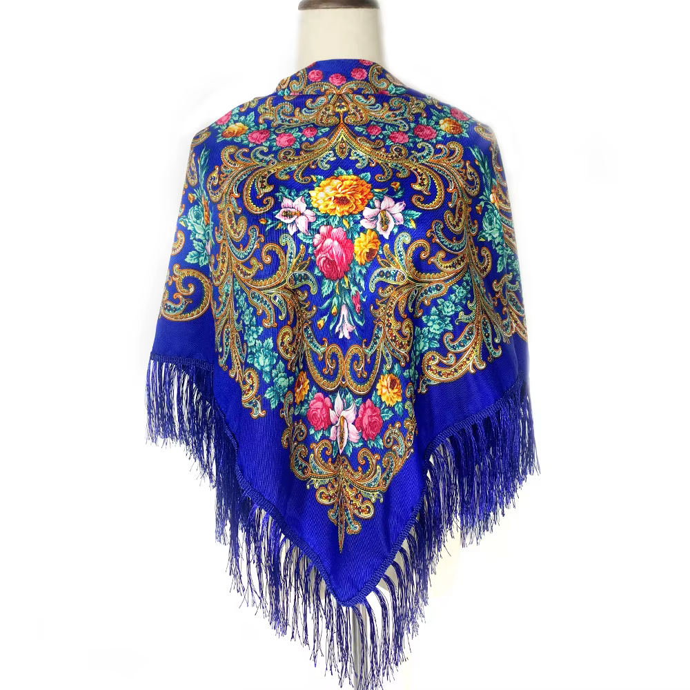 115*115 cm femmes russe écharpe de luxe imprimé fleuri carré Bandana ukrainien à franges châle Babushka mouchoir bandeau