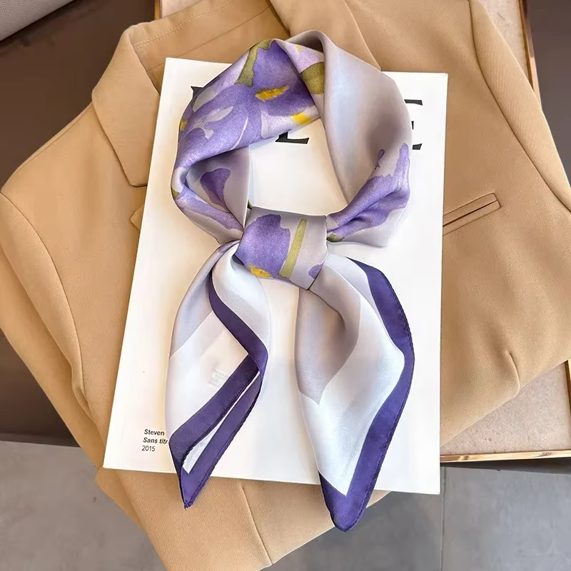 Nouveau violet luxe imprimé fleuri soie carré Foulard femmes doux Satin bandeau mains sac rubans
