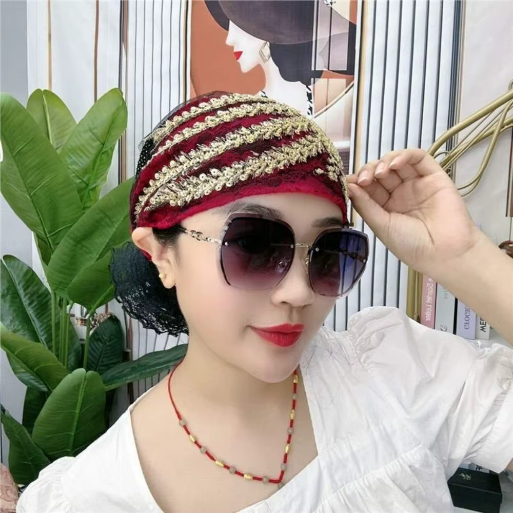 Foulard de tête en dentelle Turban chapeaux strass cravate élastique Hijab été mince