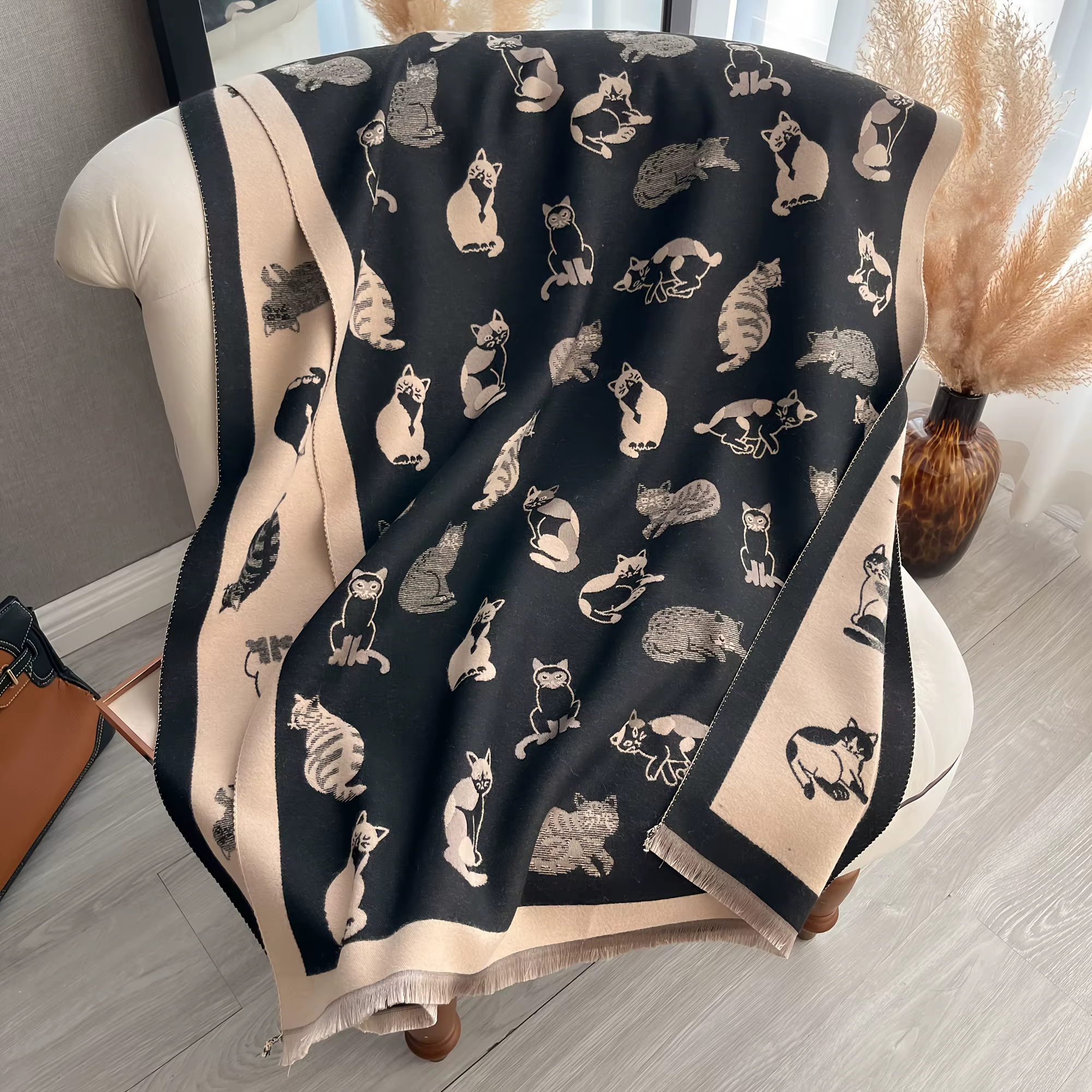 Femmes dernière Animal Jacquard chat écharpe Imitation cachemire doux chaud frange châle automne hiver résistant au froid coupe-vent couverture 2025