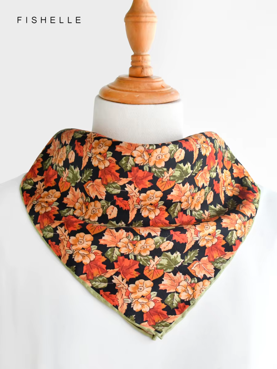 Foulard 100% soie feuilles de fleurs Orange
