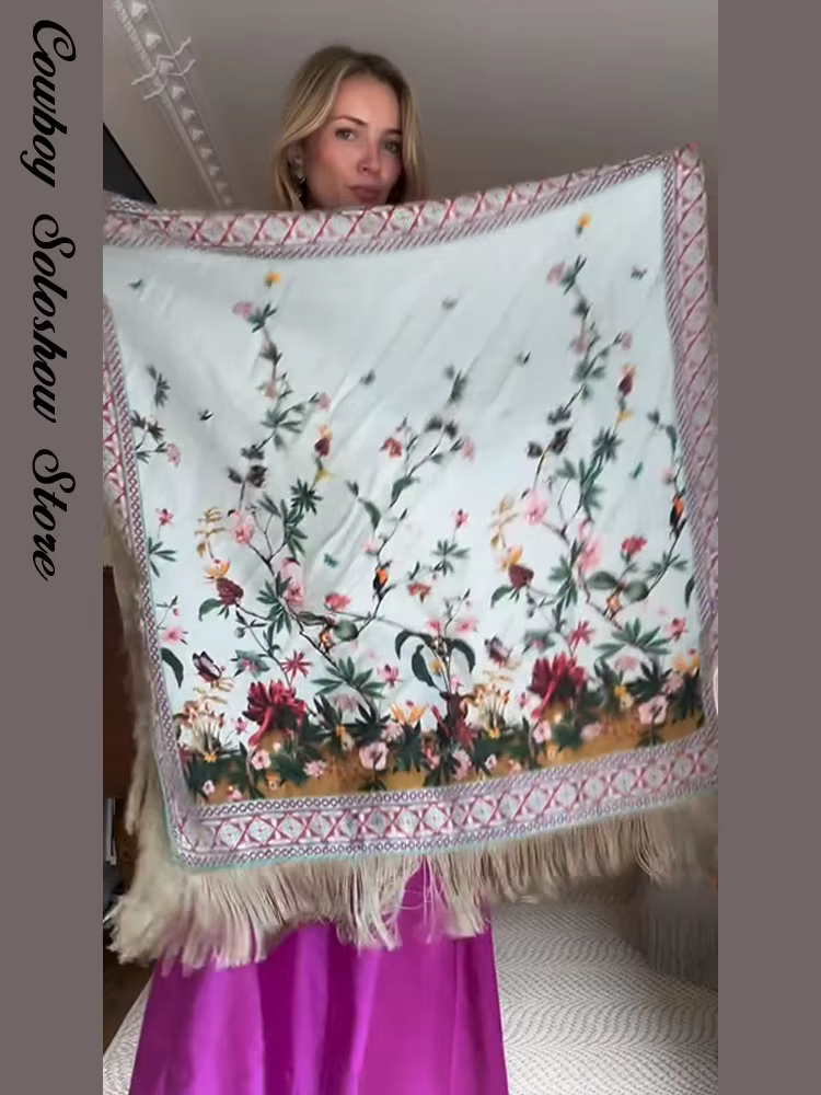 Écharpe carrée vintage imprimée à franges et patchwork pour femme