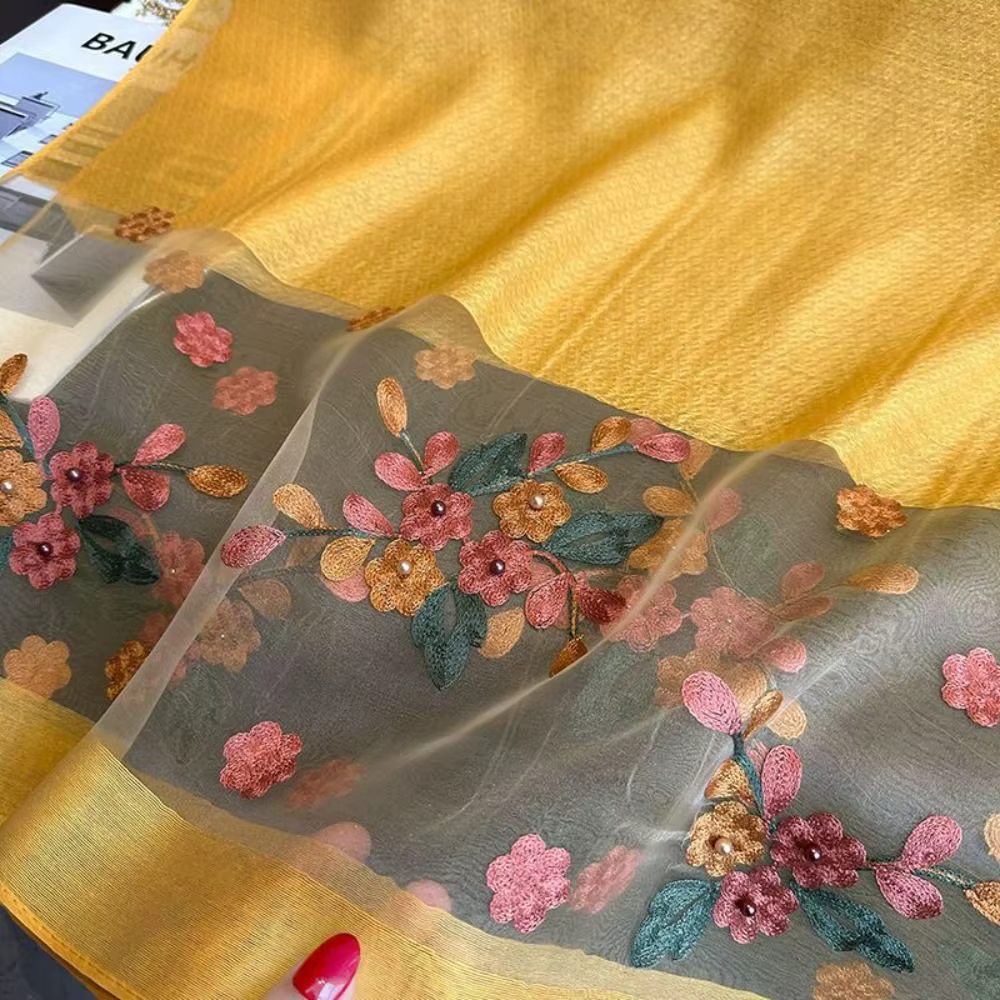 Élégant doux mince luxe Foulard en soie fleur broderie